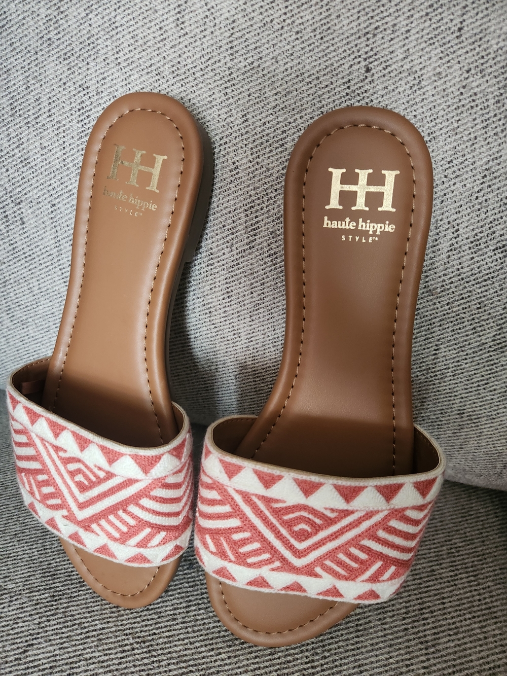 Haute Hippie Tan Leather Slide Sandals with Pink Geometric Strap